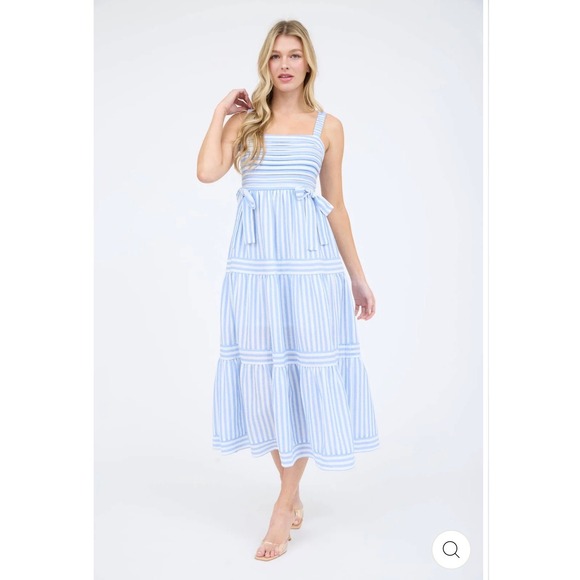 By The River Medium Blue White Strip Coastal Fairy Tiered Bow Accent Midi Dress